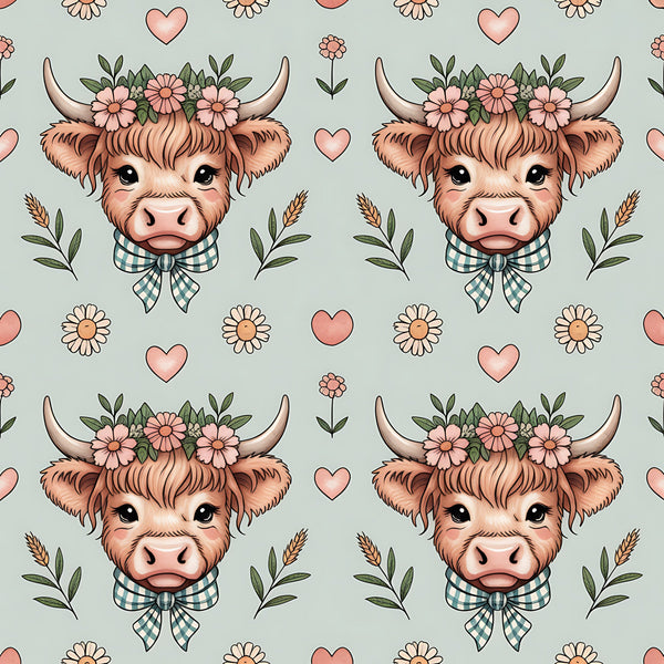highland cow, bovine heads, floral crown, pink hearts, daisy flowers, gingham bow, sage green, coral pink, cream background, farmhouse style, cute animals, whimsical pattern,, fabric panel, pastoral theme, country charm, soft pastels, repeating motif, botanical elements, kawaii style