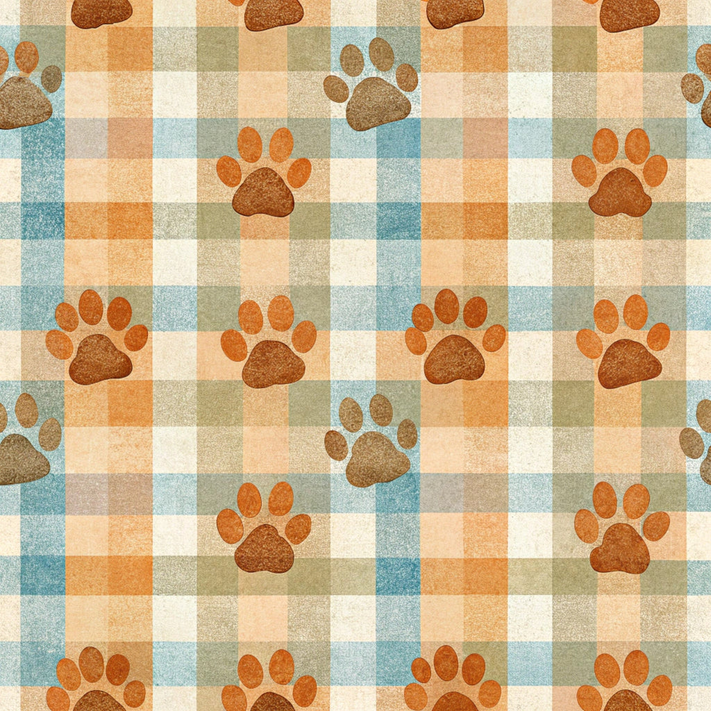 dog paws, paw prints, plaid background, checkered pattern, orange, brown, blue, cream, beige,, fabric panel, pet theme, animal motifs, rustic colors, earth tones, repeating pattern, geometric plaid, dog lover, crafting fabric, autumn colors