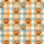 dog paws, paw prints, plaid background, checkered pattern, orange, brown, blue, cream, beige,, fabric panel, pet theme, animal motifs, rustic colors, earth tones, repeating pattern, geometric plaid, dog lover, crafting fabric, autumn colors