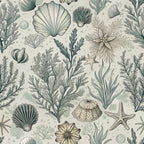 sea creatures, ocean life, shells, starfish, seaweed, coral, marine plants, sage green, cream background, beige tones, muted colors, botanical illustration, vintage style, nautical theme,, fabric panel, sea urchins, underwater scene, natural history, coastal motifs