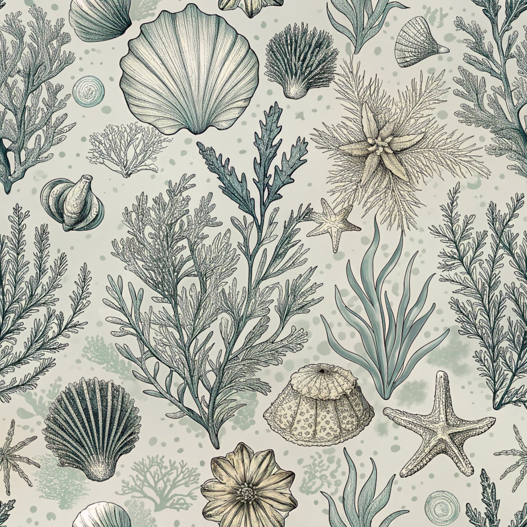 sea creatures, ocean life, shells, starfish, seaweed, coral, marine plants, sage green, cream background, beige tones, muted colors, botanical illustration, vintage style, nautical theme,, fabric panel, sea urchins, underwater scene, natural history, coastal motifs
