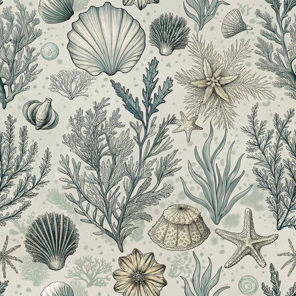 sea creatures, ocean life, shells, starfish, seaweed, coral, marine plants, sage green, cream background, beige tones, muted colors, botanical illustration, vintage style, nautical theme,, fabric panel, sea urchins, underwater scene, natural history, coastal motifs
