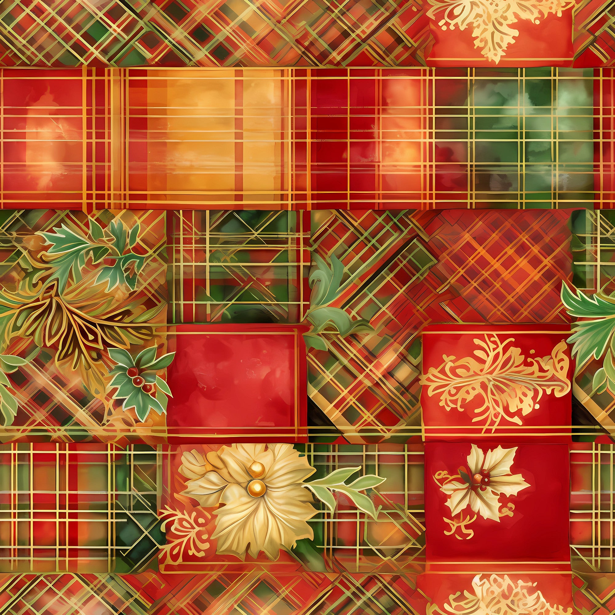 red, green, gold, christmas, plaid, tartan, floral motifs, holly leaves, berries, ornate flowers, geometric squares,, fabric panel, holiday pattern, festive, warm tones, botanical elements, decorative blocks, seasonal fabric, patchwork design