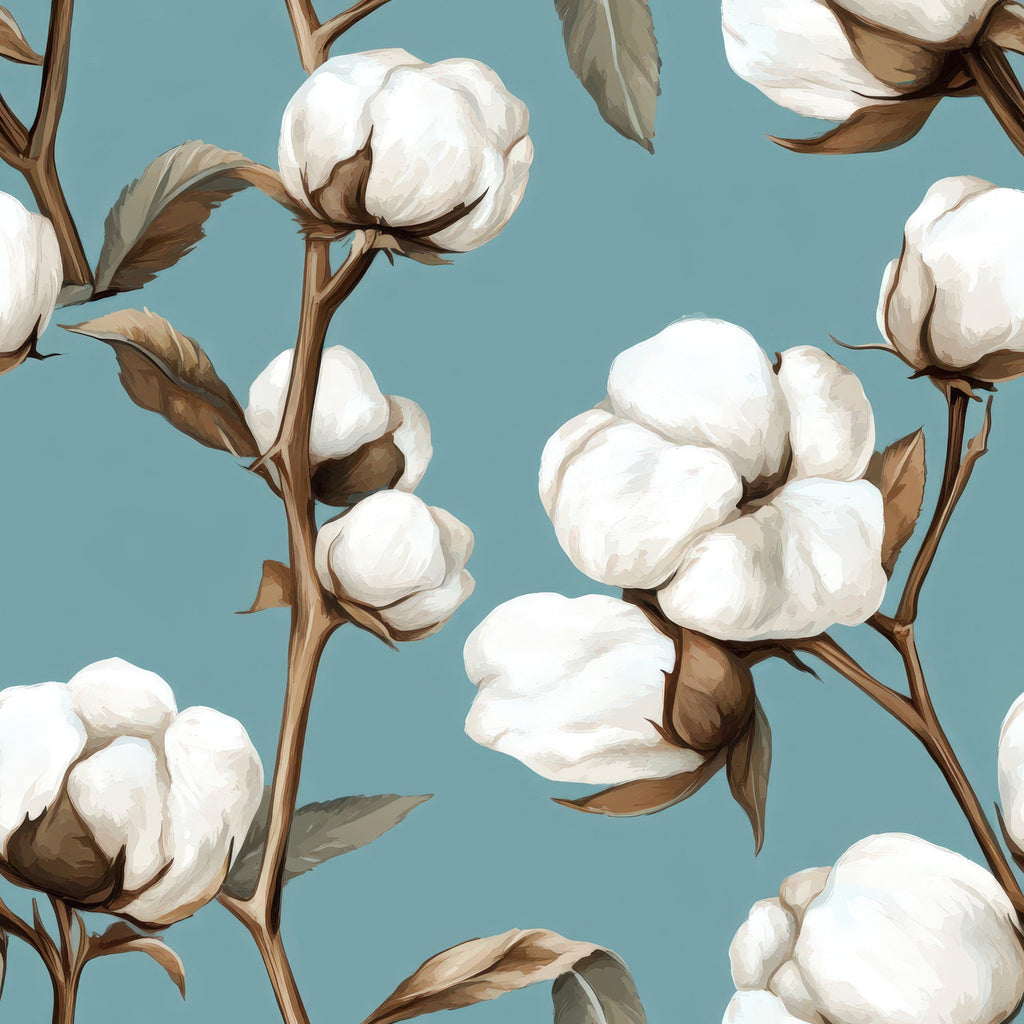 raw white, cotton bolls, botanical pattern, sage green, dusty blue, brown stems, natural fibers,, fabric panel, floral design, plant illustration, soft colors, muted tones, organic motifs, cotton plants, nature pattern, textile design, crafting fabric, sewing material, cotton blossoms