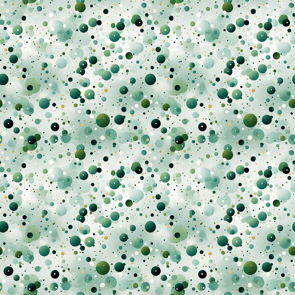 green confetti, scattered dots, polka dot pattern, forest green, sage green, mint green, teal, black accents, white dots, yellow dots, circular shapes, bubble pattern, abstract design, geometric pattern,, fabric panel, modern style, playful pattern, random distribution, multi-sized circles