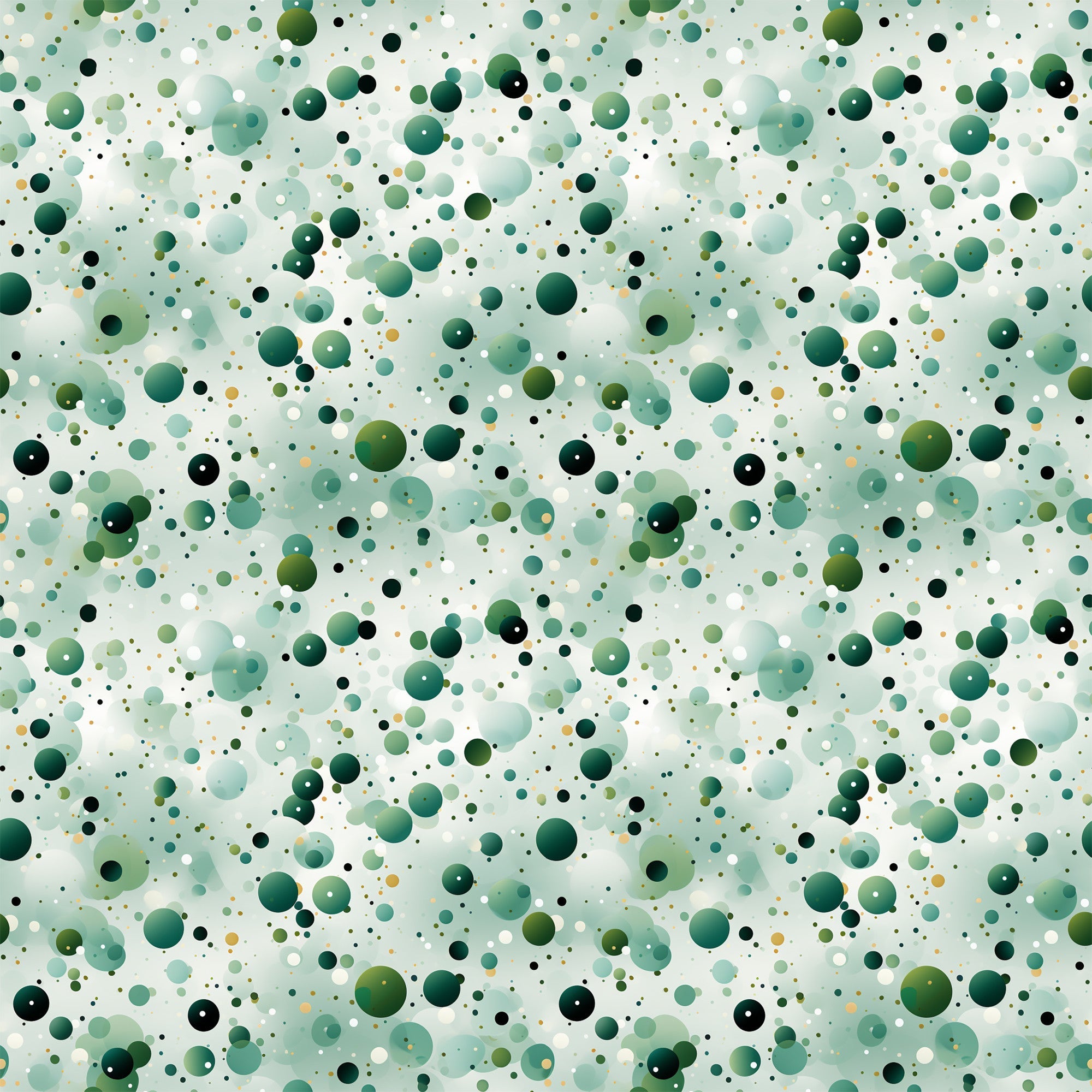 green confetti, scattered dots, polka dot pattern, forest green, sage green, mint green, teal, black accents, white dots, yellow dots, circular shapes, bubble pattern, abstract design, geometric pattern,, fabric panel, modern style, playful pattern, random distribution, multi-sized circles