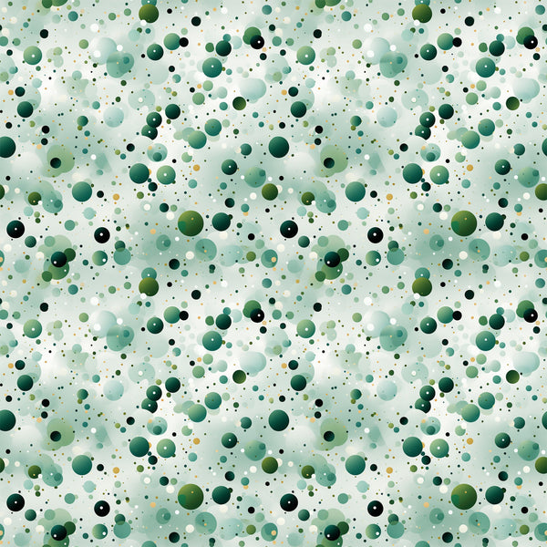 green confetti, scattered dots, polka dot pattern, forest green, sage green, mint green, teal, black accents, white dots, yellow dots, circular shapes, bubble pattern, abstract design, geometric pattern,, fabric panel, modern style, playful pattern, random distribution, multi-sized circles