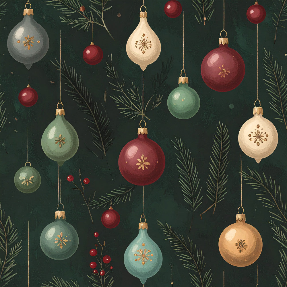 forest green, deep teal, burgundy red, cream, gold, sage green, dusty blue, evergreen, christmas, holiday, ornaments, baubles, snowflakes, winter, elegant, traditional, festive, vintage, nature, botanical, pine branches, evergreen branches, sophisticated, whimsical, warm, cozy, seasonal, home decor, decorative, timeless