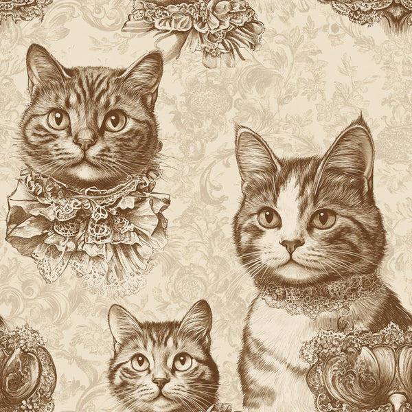 cream, sepia, brown, beige, vintage cats, tabby cats, ornate lace collars, victorian era, decorative flourishes, baroque patterns,, fabric panel, elegant feline portraits, antique illustration style, ornamental design, damask background, intricate lace details, nostalgic artwork, detailed cat faces