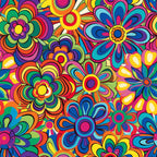 rainbow colors, hippie flowers, psychedelic pattern, groovy design, retro style,, fabric panel, bright colors, flower power, 1960s inspired, multicolored blooms, vibrant petals, peace era, bohemian style, colorful floral, mod flowers, swirling patterns, cheerful mood, cotton fabric, quilting material