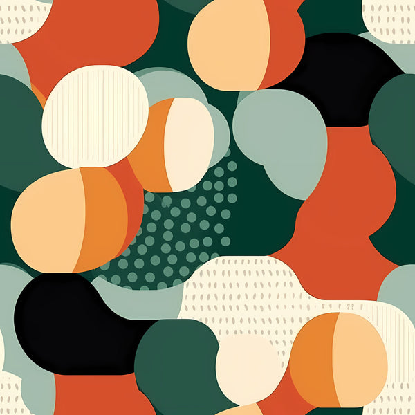 forest green, coral red, burnt orange, cream, light blue, black, abstract, geometric, modern, contemporary, circles, dots, organic shapes, mid-century modern, retro, playroom, kids room, nursery, minimalist, bold colors, textured, whimsical, artistic, pattern mix, layered design, artistic panels, home decor, children's fabric, contemporary geometric