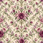 mauve roses, dusty rose, purple flowers, cream background, floral pattern, vintage floral, damask design, botanical, romantic, elegant, traditional, ornamental leaves, scrolling vines, rose bouquets, lavender blooms, sage green foliage, spring florals, garden theme, timeless design, classic, ornate, decorative, victorian style, cottage core, nature inspired, multi-floral, layered florals, pale pink accents, deep burgundy roses