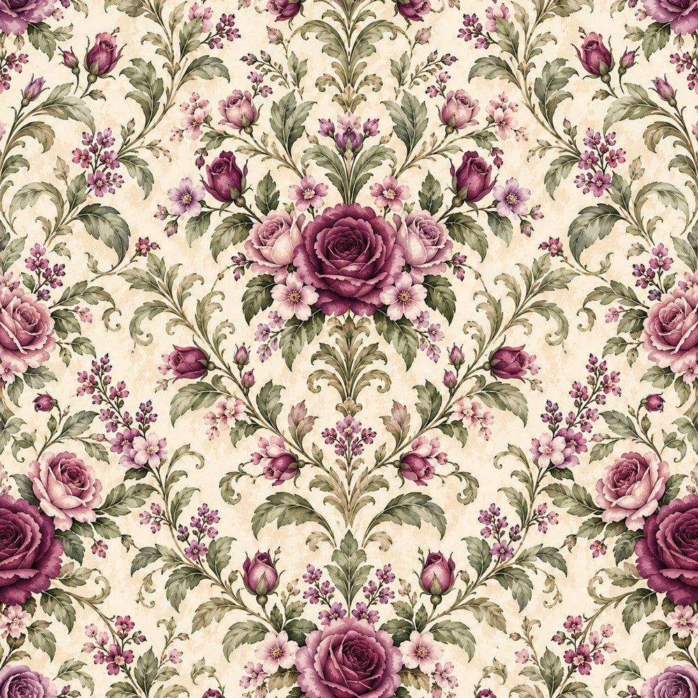 mauve roses, dusty rose, purple flowers, cream background, floral pattern, vintage floral, damask design, botanical, romantic, elegant, traditional, ornamental leaves, scrolling vines, rose bouquets, lavender blooms, sage green foliage, spring florals, garden theme, timeless design, classic, ornate, decorative, victorian style, cottage core, nature inspired, multi-floral, layered florals, pale pink accents, deep burgundy roses