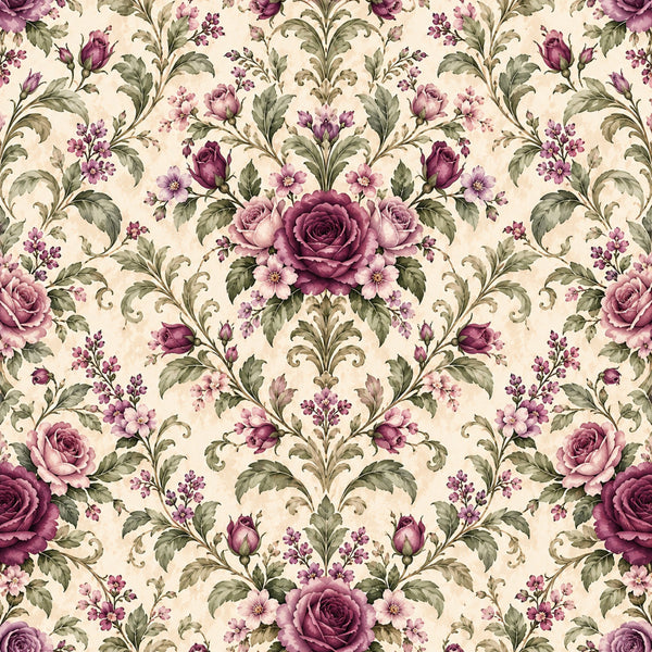 mauve roses, dusty rose, purple flowers, cream background, floral pattern, vintage floral, damask design, botanical, romantic, elegant, traditional, ornamental leaves, scrolling vines, rose bouquets, lavender blooms, sage green foliage, spring florals, garden theme, timeless design, classic, ornate, decorative, victorian style, cottage core, nature inspired, multi-floral, layered florals, pale pink accents, deep burgundy roses