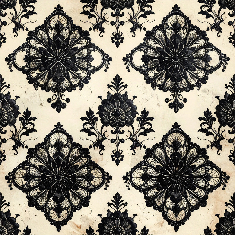 black and cream, ivory, vintage lace, damask, ornamental, floral medallion, baroque, victorian, elegant, traditional, ornate, gothic, lace pattern, symmetrical, decorative motifs, intricate details, classic, timeless, formal, sophisticated, botanical elements, flourishes, scrollwork, distressed, aged aesthetic, antique inspired, luxury, ornamental florals