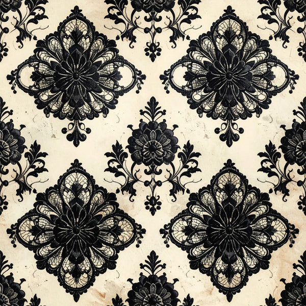 black and cream, ivory, vintage lace, damask, ornamental, floral medallion, baroque, victorian, elegant, traditional, ornate, gothic, lace pattern, symmetrical, decorative motifs, intricate details, classic, timeless, formal, sophisticated, botanical elements, flourishes, scrollwork, distressed, aged aesthetic, antique inspired, luxury, ornamental florals
