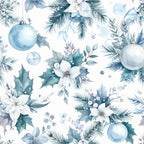 ice blue, dusty teal, soft gray, white, winter floral, christmas, holiday, poinsettia, holly leaves, evergreen branches, pine needles, ornaments, baubles, berries, elegant, sophisticated, wintery, festive, nature, botanical, christmas florals, winter botanicals, nursery, baby, soft watercolor, delicate, traditional christmas, classic holiday, seasonal, december