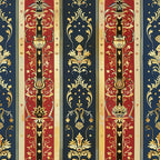 medieval french pattern,, fabric panel, navy blue, burgundy red, gold accents, ornate damask, floral motifs, decorative scrollwork, baroque styling, vertical stripes, repeating pattern, luxurious design, regal colors, intricate details, european influence, elegant flourishes, symmetrical layout, rich textures, vintage inspired