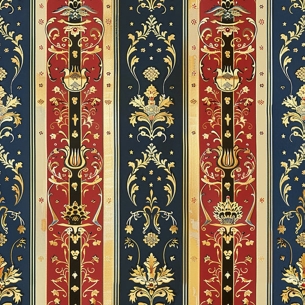medieval french pattern,, fabric panel, navy blue, burgundy red, gold accents, ornate damask, floral motifs, decorative scrollwork, baroque styling, vertical stripes, repeating pattern, luxurious design, regal colors, intricate details, european influence, elegant flourishes, symmetrical layout, rich textures, vintage inspired