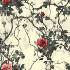 cream background, deep red roses, thorny vines, dark green leaves, botanical pattern, vintage style, gothic aesthetic,, fabric panel, rose bushes, thorny stems, floral design, muted tones, climbing roses, nature motif, romantic florals, aged appearance, seamless pattern, cotton fabric