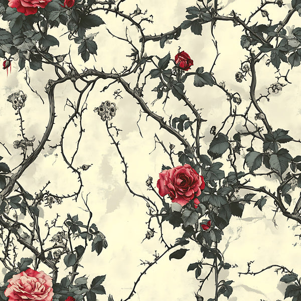 cream background, deep red roses, thorny vines, dark green leaves, botanical pattern, vintage style, gothic aesthetic,, fabric panel, rose bushes, thorny stems, floral design, muted tones, climbing roses, nature motif, romantic florals, aged appearance, seamless pattern, cotton fabric