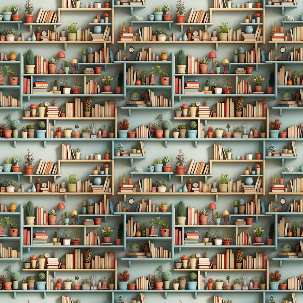 bookshelf pattern,, fabric panel, sage green, terracotta, warm orange, cream, muted blue, potted plants, succulents, cacti, books, shelving units, cozy interior, botanical elements, repeating design, home library, plant collection, soft pastels, geometric shelves