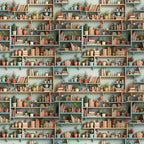 bookshelf pattern,, fabric panel, sage green, terracotta, warm orange, cream, muted blue, potted plants, succulents, cacti, books, shelving units, cozy interior, botanical elements, repeating design, home library, plant collection, soft pastels, geometric shelves