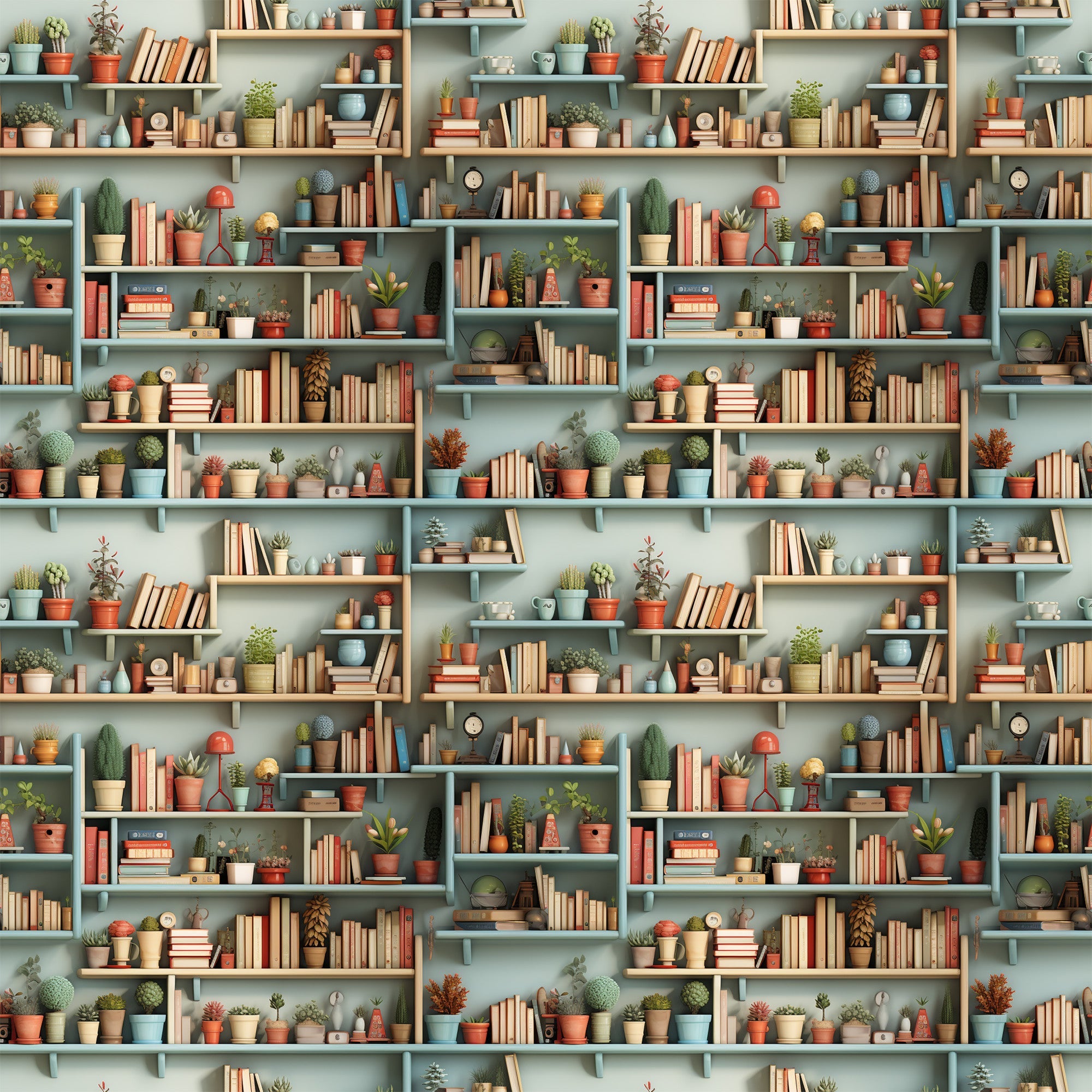 bookshelf pattern,, fabric panel, sage green, terracotta, warm orange, cream, muted blue, potted plants, succulents, cacti, books, shelving units, cozy interior, botanical elements, repeating design, home library, plant collection, soft pastels, geometric shelves
