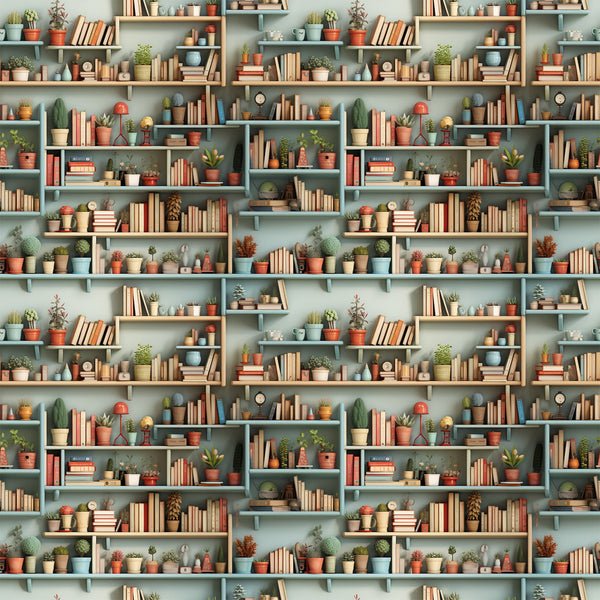 bookshelf pattern,, fabric panel, sage green, terracotta, warm orange, cream, muted blue, potted plants, succulents, cacti, books, shelving units, cozy interior, botanical elements, repeating design, home library, plant collection, soft pastels, geometric shelves