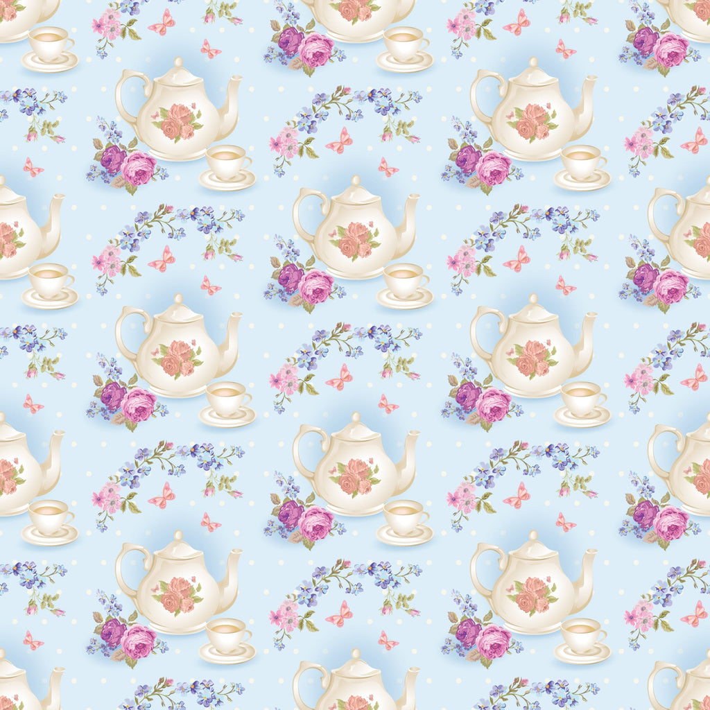 light blue, cream, pink roses, purple flowers, teapots, teacups, saucers, floral motifs, butterflies, shabby chic, vintage style, repeating pattern,, fabric panel, tea party theme, cottage core, pastel colors, romantic florals, delicate design, whimsical