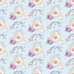 light blue, cream, pink roses, purple flowers, teapots, teacups, saucers, floral motifs, butterflies, shabby chic, vintage style, repeating pattern,, fabric panel, tea party theme, cottage core, pastel colors, romantic florals, delicate design, whimsical
