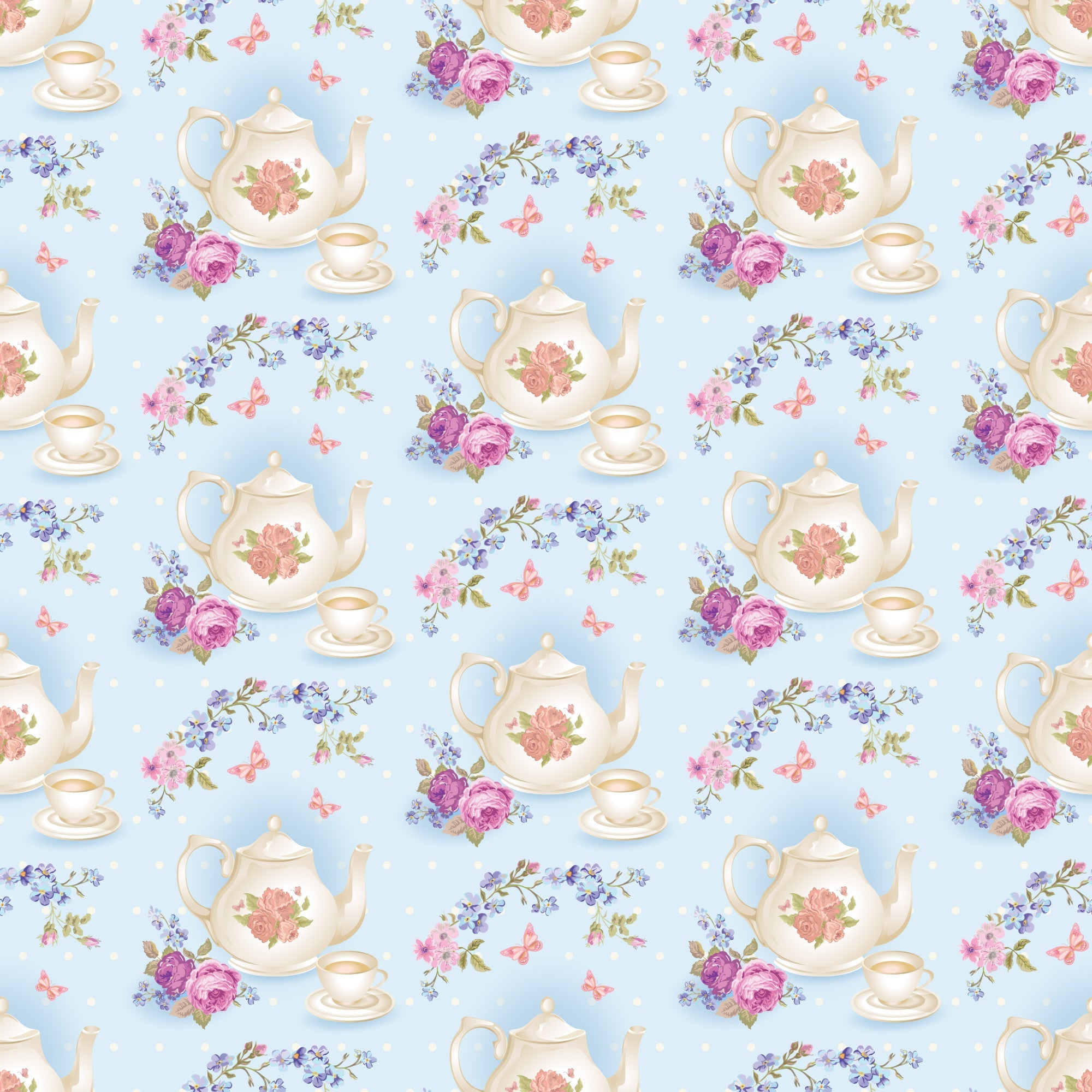 light blue, cream, pink roses, purple flowers, teapots, teacups, saucers, floral motifs, butterflies, shabby chic, vintage style, repeating pattern,, fabric panel, tea party theme, cottage core, pastel colors, romantic florals, delicate design, whimsical