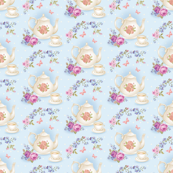 light blue, cream, pink roses, purple flowers, teapots, teacups, saucers, floral motifs, butterflies, shabby chic, vintage style, repeating pattern,, fabric panel, tea party theme, cottage core, pastel colors, romantic florals, delicate design, whimsical