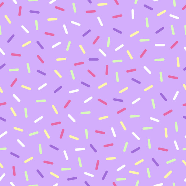 purple background, rainbow sprinkles, colorful jimmies, candy sprinkles, pink sprinkles, yellow sprinkles, green sprinkles, white sprinkles, scattered pattern, random placement, sweet treats, dessert theme, bakery motif,, fabric panel, cheerful mood, playful design, birthday theme, celebration pattern, donut topping