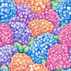 blue hydrangeas, purple hydrangeas, pink hydrangeas, orange hydrangeas, yellow hydrangeas, floral pattern, botanical design, clustered flowers, green leaves, vibrant colors,, fabric panel, seamless repeat, garden flowers, spring blooms, watercolor style, artistic illustration, nature motif, crafting material, sewing fabric