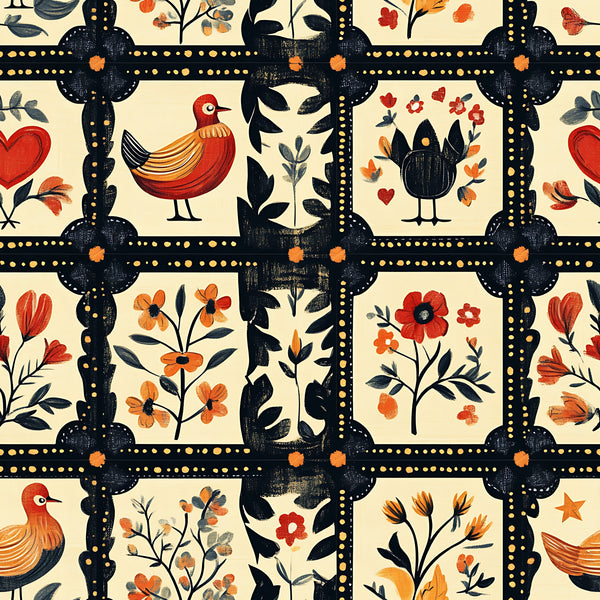 fabric panel, folk art, red birds, botanical motifs, cream background, black lattice, orange flowers, red hearts, decorative grid, floral branches, country style, warm colors, repeated motifs, charcoal gray, amber, coral red, nature inspired, rustic charm, handcrafted look