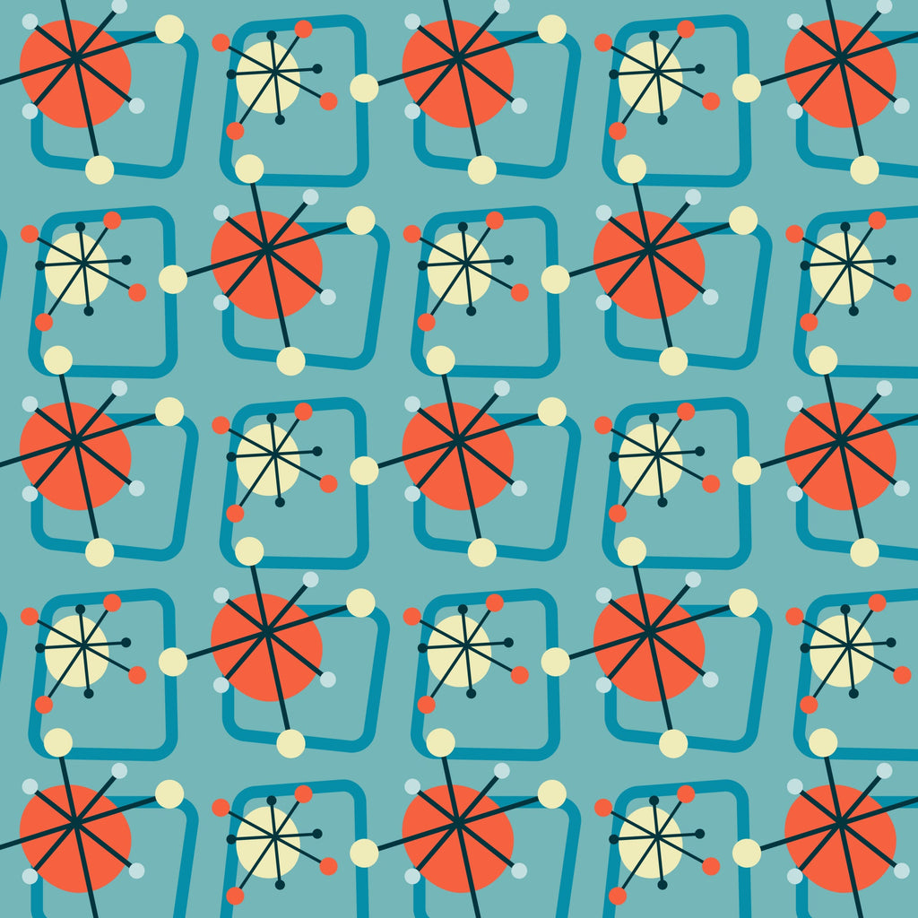teal, coral orange, cream, atomic age, mid-century modern, starburst, geometric circles, atomic motifs, retro pattern, 1950s style,, fabric panel, modernist design, space age, atomic era, starburst design, geometric shapes, vintage inspired, mid-century aesthetic