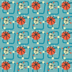 teal, coral orange, cream, atomic age, mid-century modern, starburst, geometric circles, atomic motifs, retro pattern, 1950s style,, fabric panel, modernist design, space age, atomic era, starburst design, geometric shapes, vintage inspired, mid-century aesthetic
