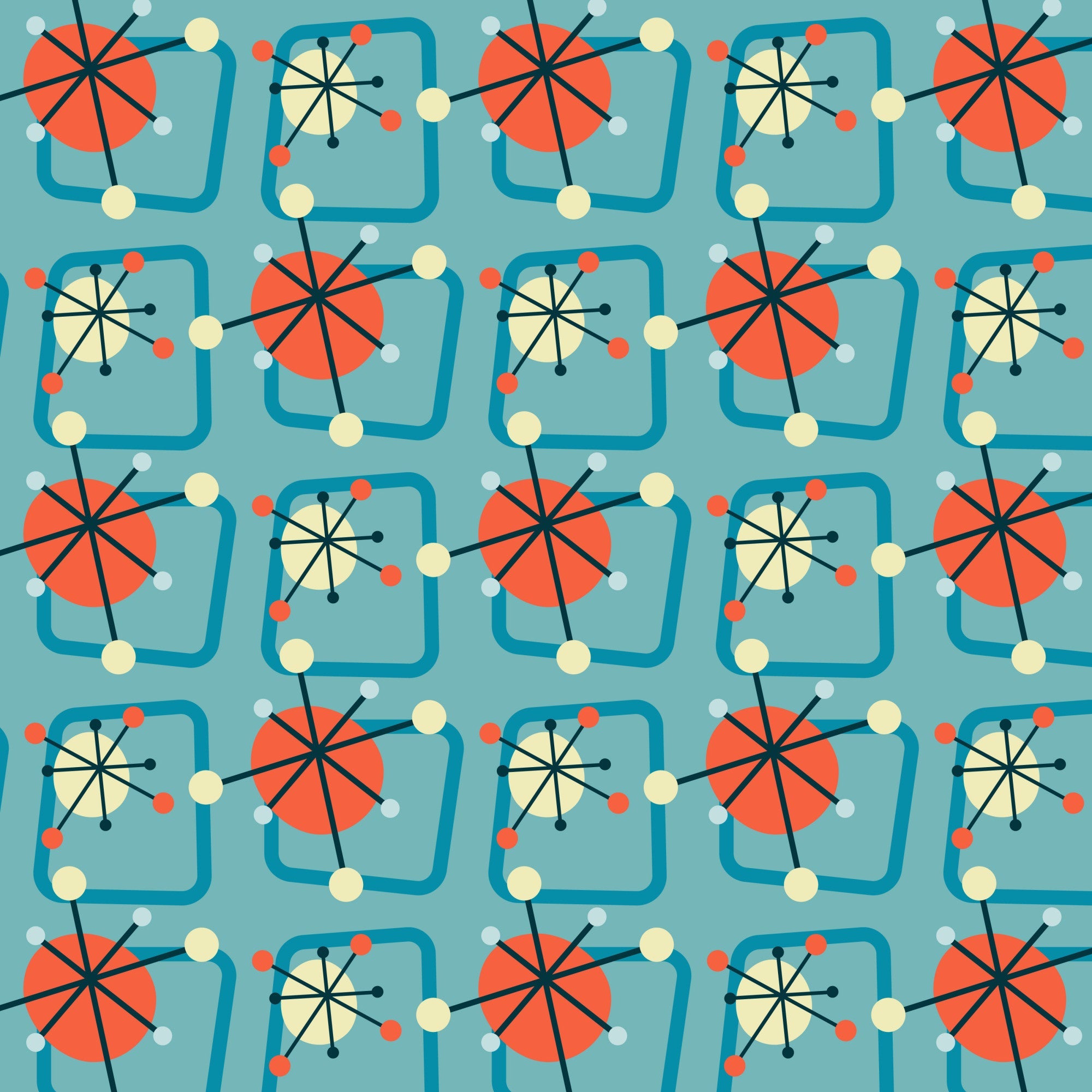 teal, coral orange, cream, atomic age, mid-century modern, starburst, geometric circles, atomic motifs, retro pattern, 1950s style,, fabric panel, modernist design, space age, atomic era, starburst design, geometric shapes, vintage inspired, mid-century aesthetic