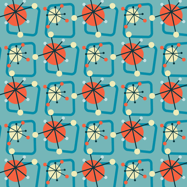 teal, coral orange, cream, atomic age, mid-century modern, starburst, geometric circles, atomic motifs, retro pattern, 1950s style, quilting cotton, fabric panel, modernist design, space age, atomic era, starburst design, geometric shapes, vintage inspired, mid-century aesthetic
