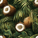 coconut halves, palm fronds, tropical leaves, brown coconuts, white coconut meat, green foliage, jungle pattern, botanical design, tropical paradise, realistic illustration, natural textures,, fabric panel, summer vibes, exotic fruits, lush greenery, tropical motifs, nature inspired, vibrant greens, coconut shells