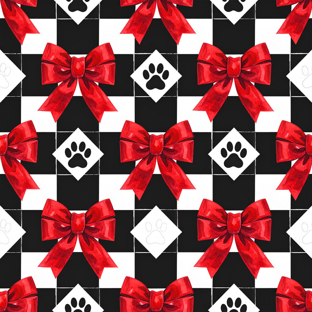 red bows, black and white checkered, paw prints, festive, holiday, christmas, pet themed, dog lover, cat lover, geometric pattern, checkered pattern, bright red, classic black, white diamond shapes, elegant, modern, playful, whimsical, kids room, nursery, baby shower, animal prints, decorative bows, gift wrap inspired, party themed, pet prints, bold pattern, high contrast, cheerful, seasonal