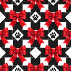 red bows, black and white checkered, paw prints, festive, holiday, christmas, pet themed, dog lover, cat lover, geometric pattern, checkered pattern, bright red, classic black, white diamond shapes, elegant, modern, playful, whimsical, kids room, nursery, baby shower, animal prints, decorative bows, gift wrap inspired, party themed, pet prints, bold pattern, high contrast, cheerful, seasonal