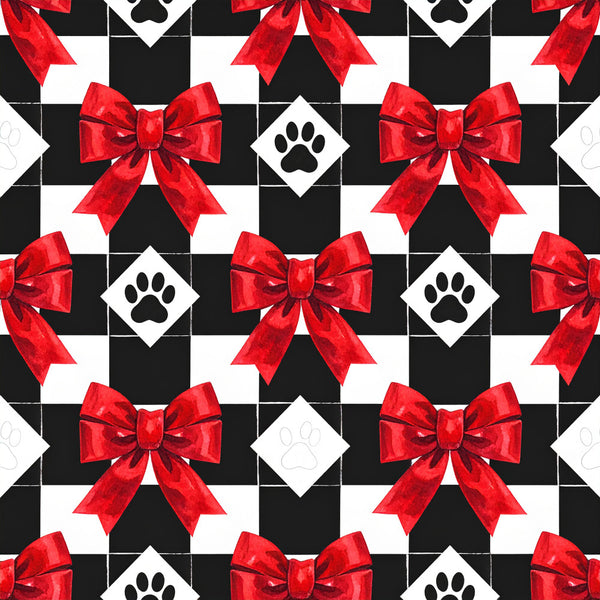 red bows, black and white checkered, paw prints, festive, holiday, christmas, pet themed, dog lover, cat lover, geometric pattern, checkered pattern, bright red, classic black, white diamond shapes, elegant, modern, playful, whimsical, kids room, nursery, baby shower, animal prints, decorative bows, gift wrap inspired, party themed, pet prints, bold pattern, high contrast, cheerful, seasonal