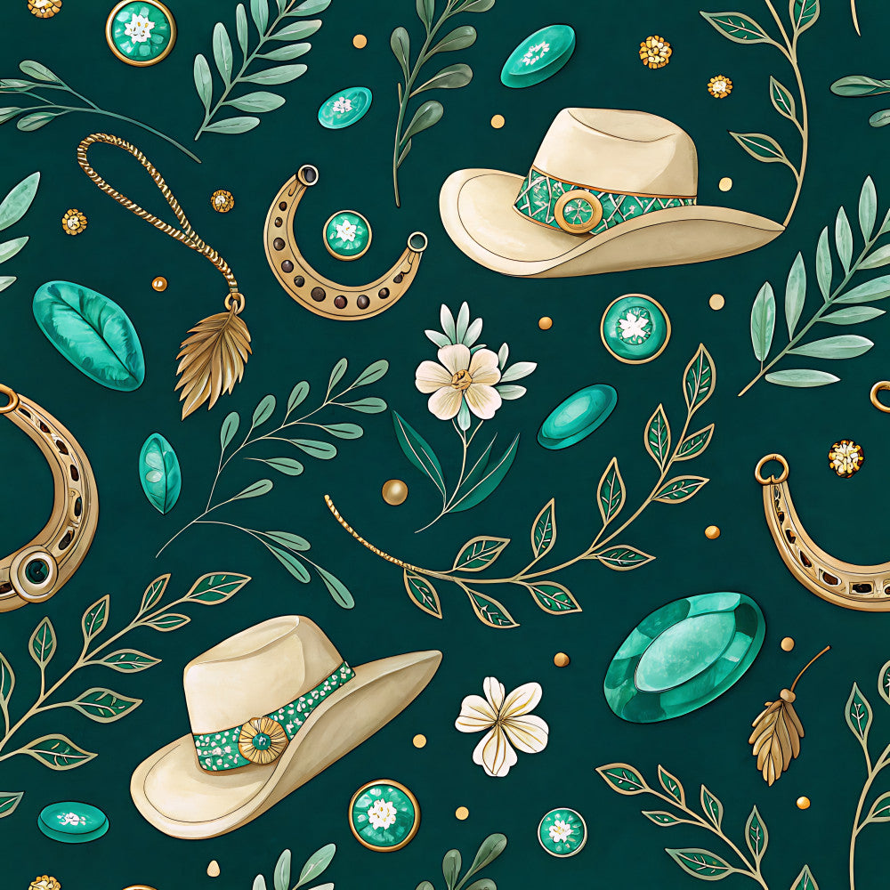 teal, turquoise, cream, ivory, gold, western, cowboy, boots, hats, horseshoes, floral, botanical, leaves, flowers, gemstones, turquoise accents, elegant, whimsical, rustic, vintage, nature-inspired, cottage core, boho, farmhouse, desert, southwestern, spring, summer, decorative elements, pearls