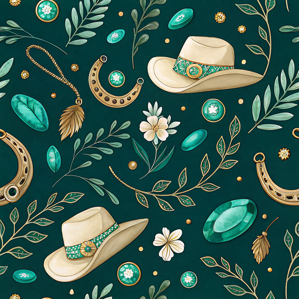 teal, turquoise, cream, ivory, gold, western, cowboy, boots, hats, horseshoes, floral, botanical, leaves, flowers, gemstones, turquoise accents, elegant, whimsical, rustic, vintage, nature-inspired, cottage core, boho, farmhouse, desert, southwestern, spring, summer, decorative elements, pearls