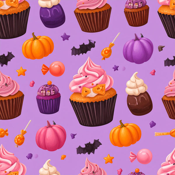purple background, coral pink, orange, chocolate brown, cream, pumpkins, cupcakes, candy, lollipops, bats, stars, halloween, autumn, fall, whimsical, playful, kids, children, halloween themed, candy corn, frosting swirls, festive, spooky, trick or treat, seasonal, fun, playroom, kids room, dessert theme, sweet treats