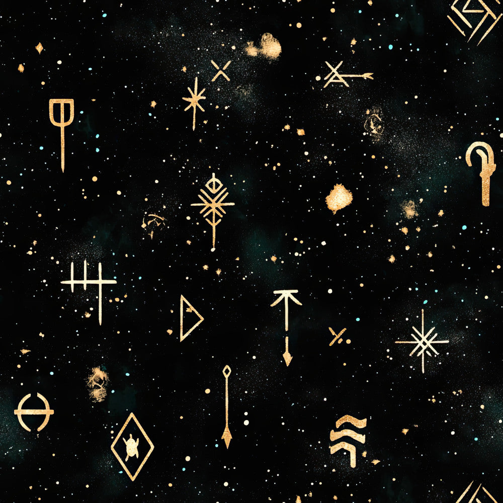 celestial, night sky, gold, black, dark teal, mystical symbols, runes, stars, arrows, geometric, modern, elegant, bohemian, witchy, magical, cosmic, constellation, spiritual, ancient symbols, metallic gold, starry night, mystical, enchanted, fantasy, occult, moon phase, celestial navigation, nordic, evening, winter