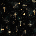 celestial, night sky, gold, black, dark teal, mystical symbols, runes, stars, arrows, geometric, modern, elegant, bohemian, witchy, magical, cosmic, constellation, spiritual, ancient symbols, metallic gold, starry night, mystical, enchanted, fantasy, occult, moon phase, celestial navigation, nordic, evening, winter