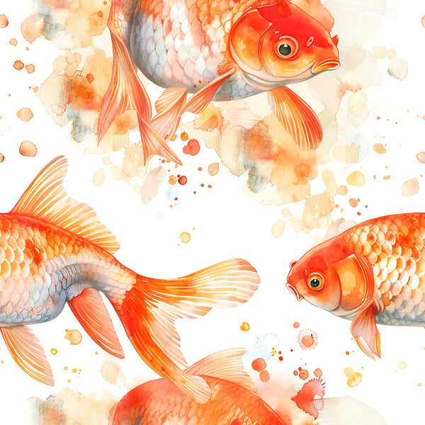 watercolor fish, orange goldfish, coral tones, peach hues, salmon pink, soft pastels, aquatic pattern, koi fish, swimming fish, watercolor splashes, artistic brushstrokes, flowing fins, fish scales, dreamy aesthetic,, fabric panel, ocean theme, watercolor art, fluid design, gentle splatters
